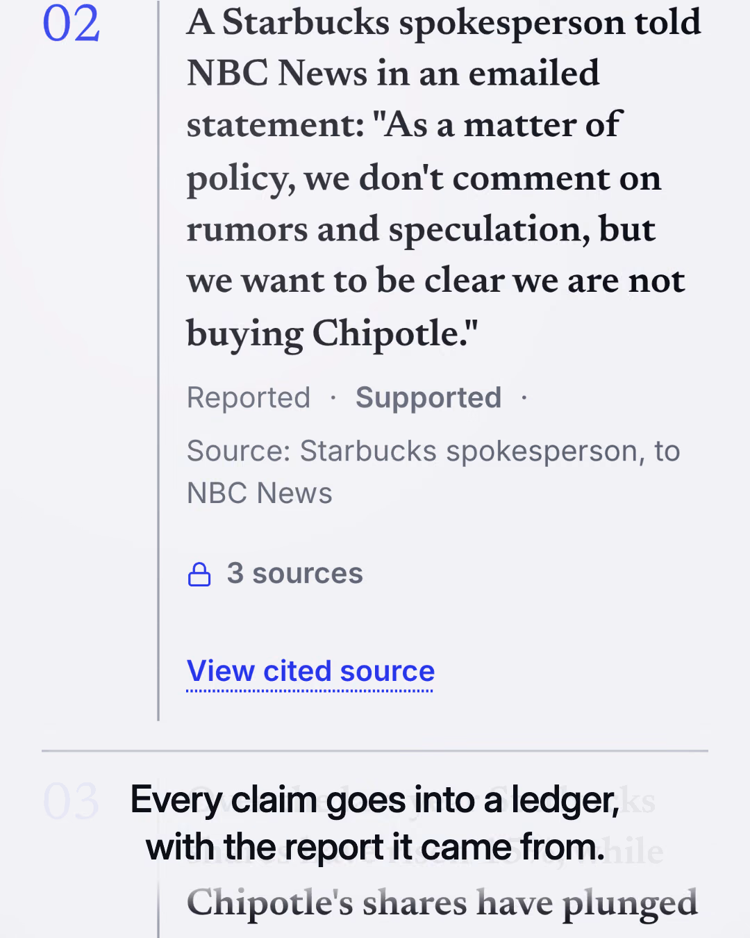 Still from the film: claim 02 in Clarity Today’s claim ledger, a Starbucks spokesperson’s emailed statement to NBC News, marked Reported, Supported, with the caption: Every claim goes into a ledger, with the report it came from.