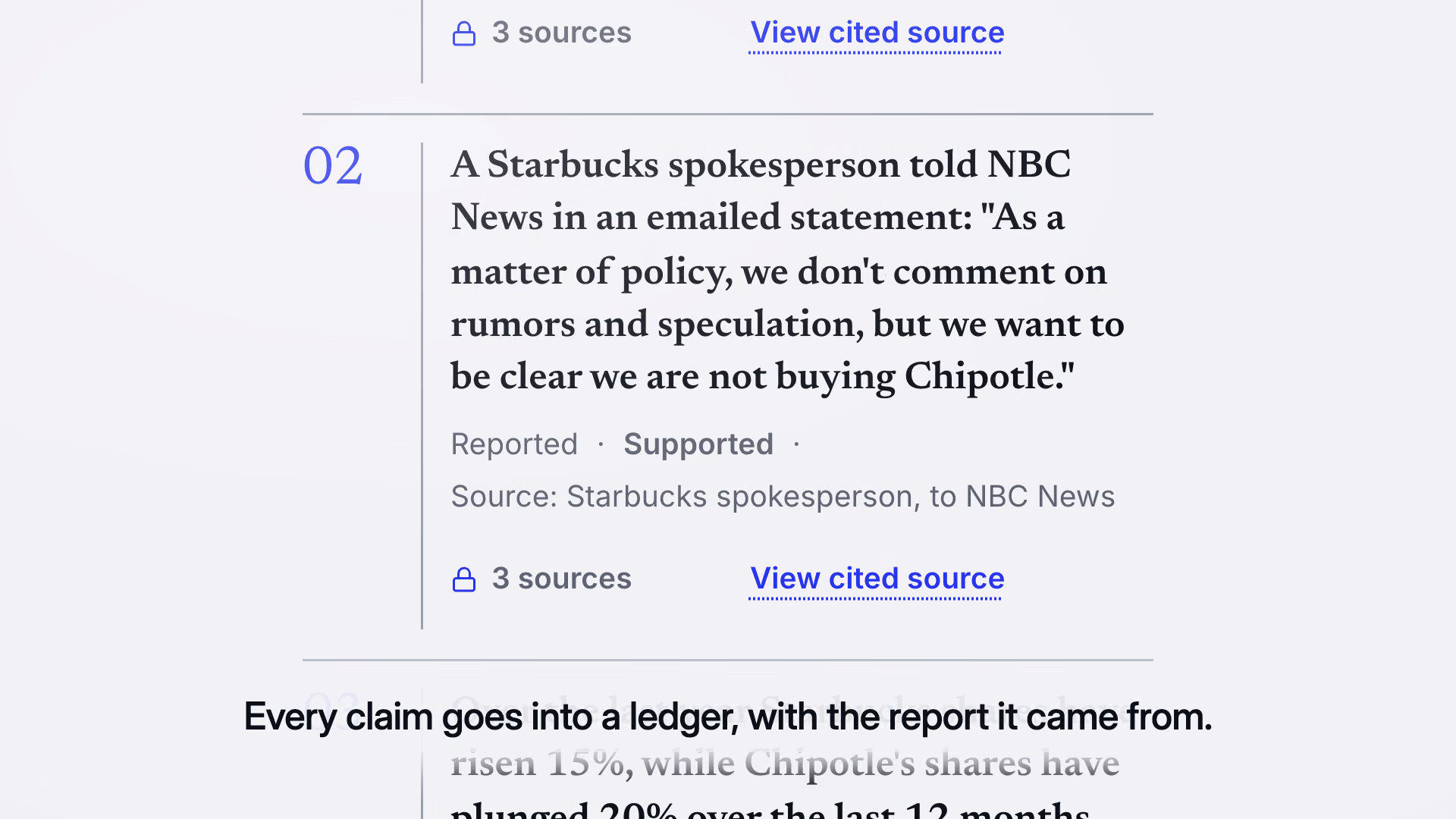 Still from the film: claim 02 in Clarity Today’s claim ledger, a Starbucks spokesperson’s emailed statement to NBC News, marked Reported, Supported, with the caption: Every claim goes into a ledger, with the report it came from.